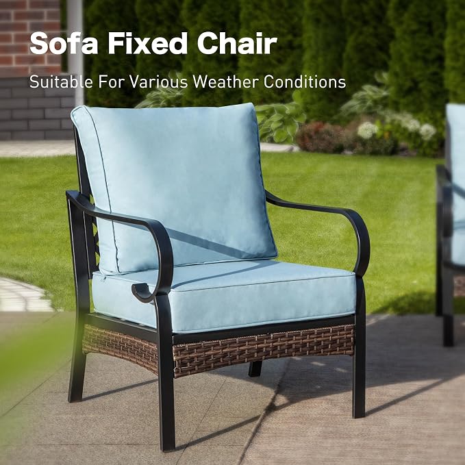 SUNSHINE VALLEY 6 Piece Black Metal Outdoor Patio Furniture Sets with Firepit Table, Patio Conversation Sets 1 3-Seater Sofa, 4 Single Sofa with 5.75" Extra Cushion Backyard Furniture for Deck, Blue