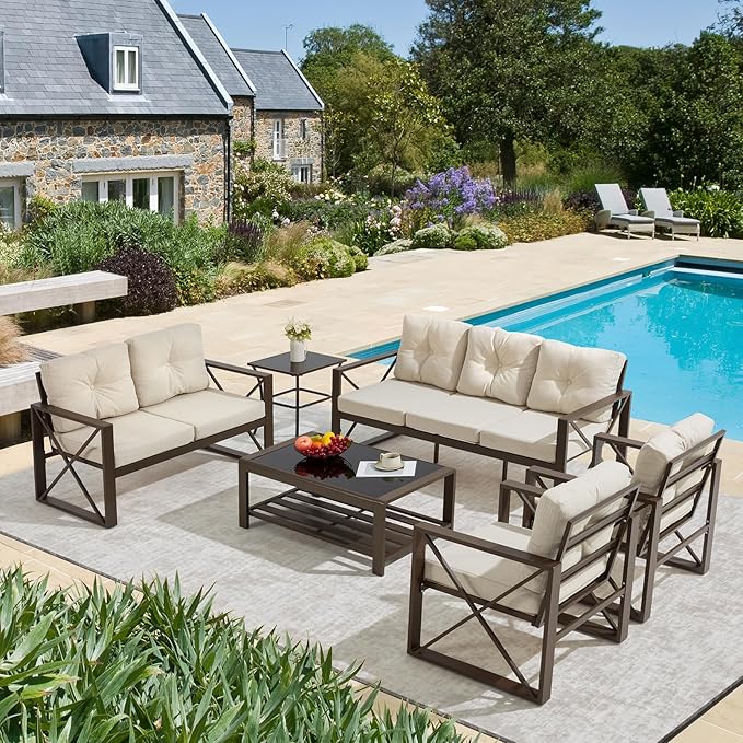 6 Pieces Outdoor Patio Furniture Set, Metal Porch Furniture Set, Outdoor Sectional Conversation Set w/Coffee Table & Side Table for for Poolside, Balcony, Yard, Beige
