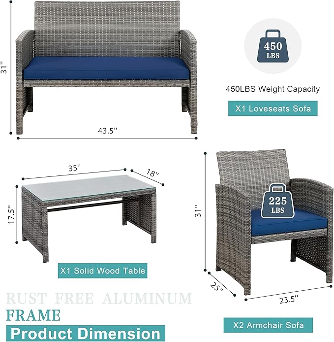 SUNLEI 4 Pcs Patio Ratten Set, Outdoor Furniture Set Wicker Conversation Set with Cushions and Tempered Glass Tabletop Outdoor Patio Furniture Sets (Dark Blue)