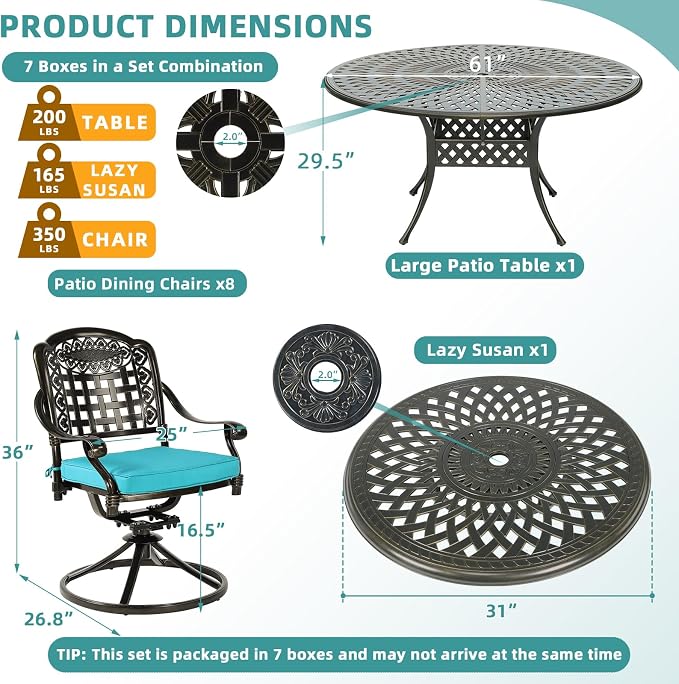 MEETWARM Outdoor 9-Piece Patio Dining Set, All-Weather Cast Aluminum Patio Conversation Set- 8 Cushioned Swivel Rocker, 61" Round Patio Dining Table w/Detachable Lazy Susan/Umbrella Hole, Ocean Blue