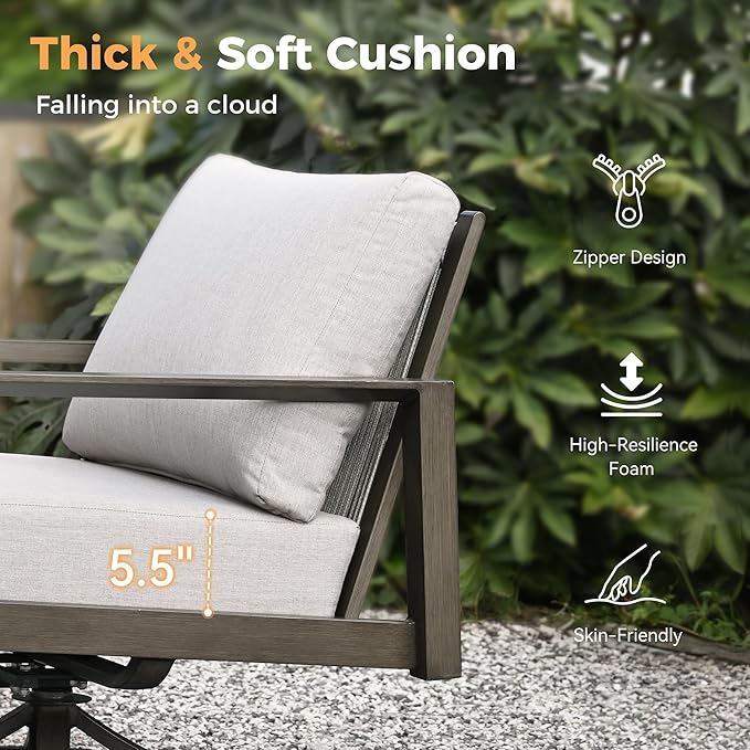 HAPPATIO Patio Conversation Set, 3-Piece Aluminum Oversized Patio Furniture Set with Rope Backrest, Side Table and 2 Swivel Chairs with Thick Cushion, Hand-Brushed Frame for Yard, Porch, Balcony