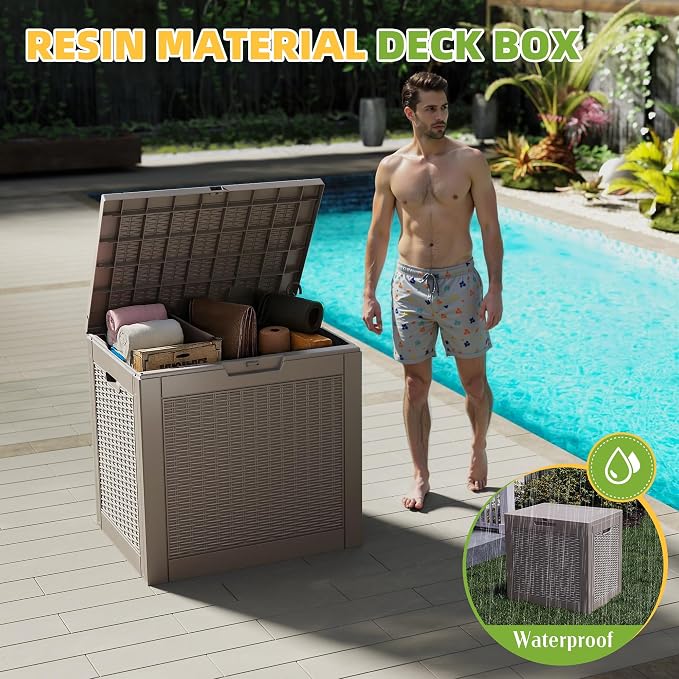 Vixzen 31 Gallon Waterproof Large Deck Box, Lockable Resin Outdoor Storage Box with Hydraulic Lid, Durable Storage Bin for Patio Furniture Cushions, Garden Tools, Pool Accessories, Grey
