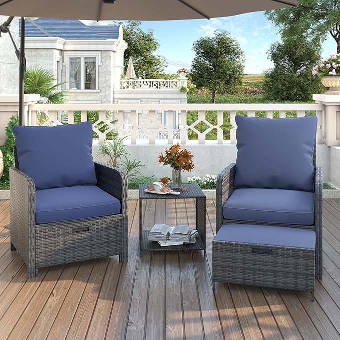 UDPATIO Wicker Patio Chairs with Ottoman Balcony Furniture 5 Pieces Patio Conversation Set for Small Space