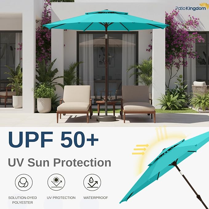 9FT Patio Umbrella 2-Tier Outdoor Market Table Umbrella with Push-Button Tilt & Crank | UPF 50+ & Waterproof for Backyard,Garden,Pool,Deck (Peacock Blue)