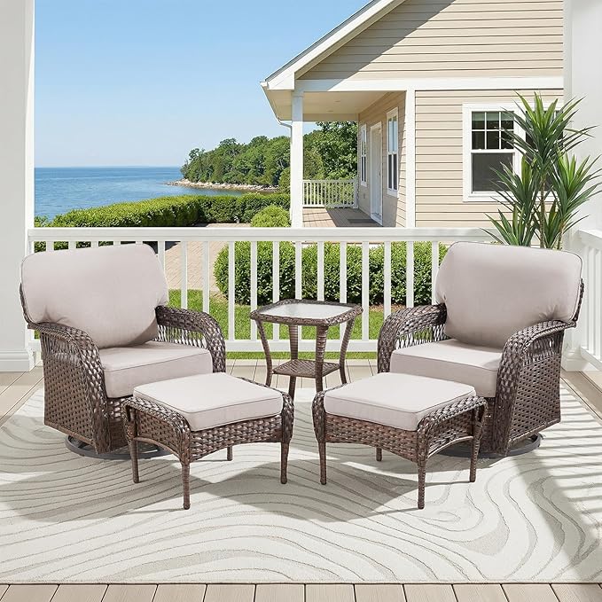 Belord Wicker Swivel Rocker Patio Chairs with Ottoman, All-Weather Wicker Outdoor Furniture Set, 5 Piece Patio Conversation Furniture Set,Beige