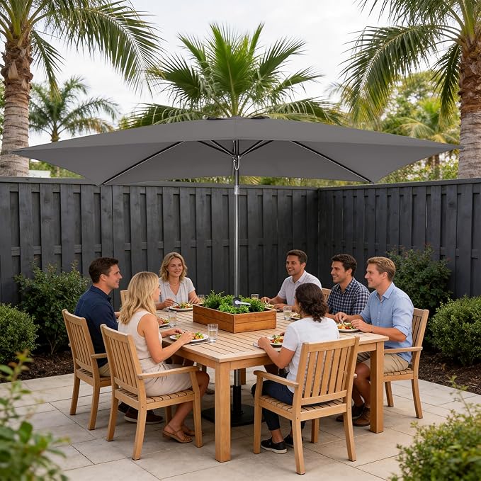 HASLE OUTFITTERS Rectangular Patio Umbrella, 6.5 x 10 ft Rectangle Table Umbrellas w/Heavy Duty Ribs, Effortless Crank and Push Button Tilt, Wind Resistant Sun Umbrella for Outdoor Patio, Gray