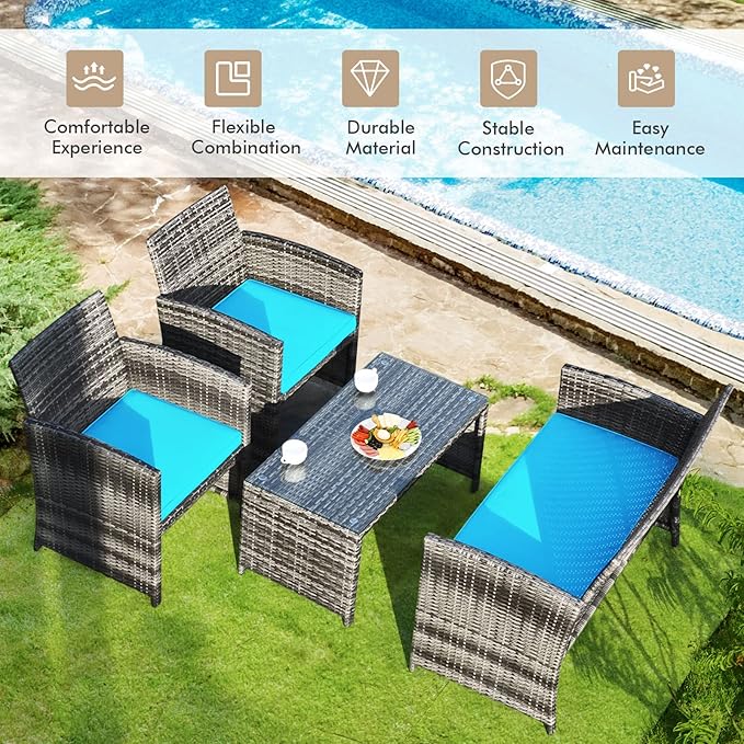 Giantex 4 Pc, Rattan Loveseat & Patio Chairs with Cushioned Seat, Wicker Coffee Table, Outdoor Furniture Front Porch Poolside Garden Lawn Conversation Sets, Mix Grey&Turquoise