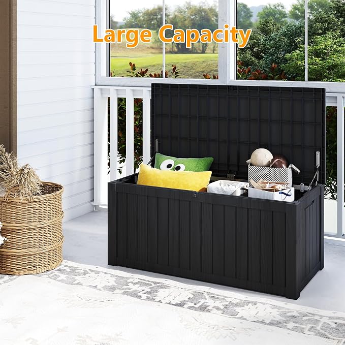 150 Gallon Deck Boxes Outdoor Waterproof, Outdoor Storage Box with Lockable Lid & UV-Resistant for Patio Furniture, Outdoor Cushions, Garden Tools and Pool Supplies, Black
