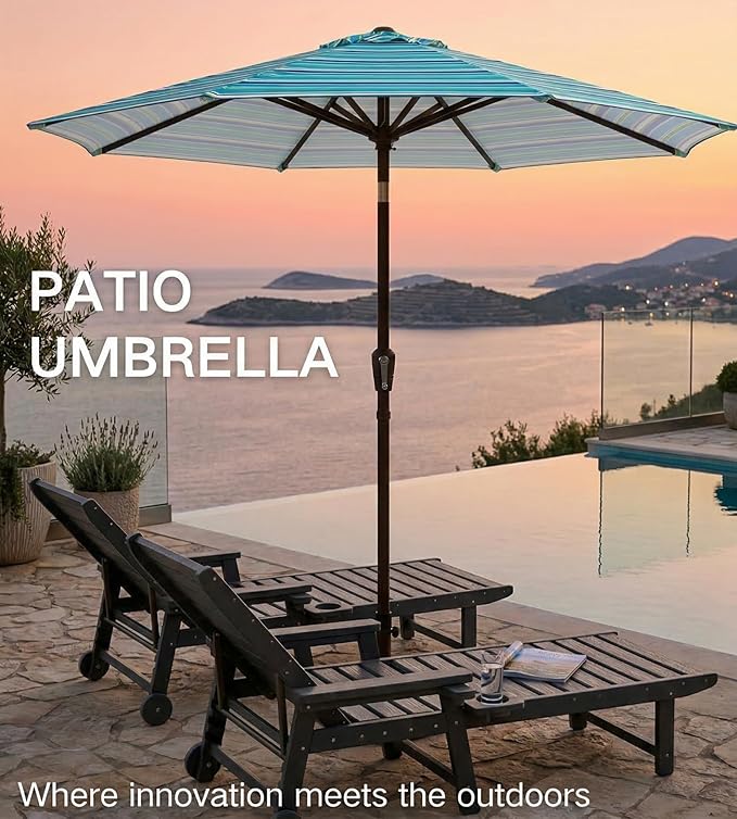 PatioKingdom 9FT Patio Outdoor Umbrella-UPF 50+ Sun Shade with Wind Vent, Push-Button Tilt & Smooth Crank Lift, Rust-Resistant Fiberglass Frame for Garden, Backyard,Yard (Blue Green Stripes)