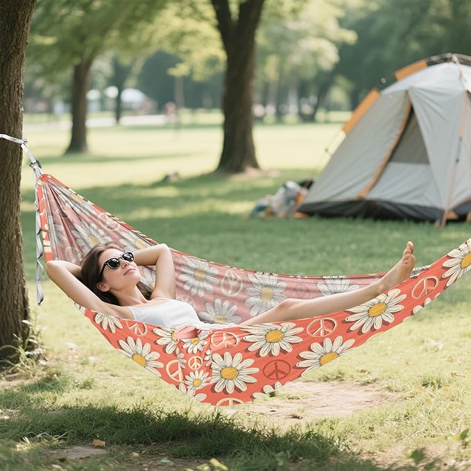 Camping Hammock Outdoor Hammocks for Outside Peace Symbol Daisy Flower Beach Trees Portable Lightweight with Pockets Tree Straps Indoor