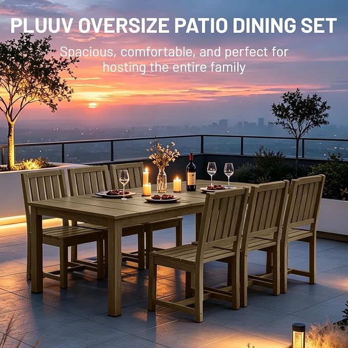 PLUUV 7-Piece Outdoor Dining Set – HDPE Patio Furniture with Umbrella Hole Table, Aluminum Legs, and 6 Armless Chairs, Weatherproof & Easy-Clean for Backyard, Garden, Brown