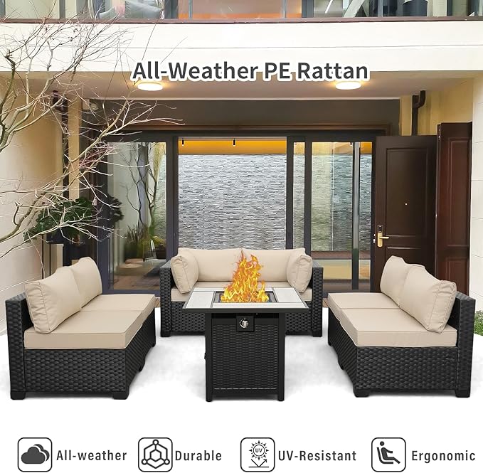 Valita Patio Furniture Set 30 Inches Fire Pit 7-Piece Outdoor Sectional Patio Couch 50000 BTU Steel Propane Fire Pit Table with No-Slip Cushions and Waterproof Cover, Khaki