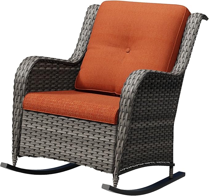 Outdoor Rocking Chair, Wicker Patio Chair with Thickened Olefin Cushions, High Back and Deep Seating, Hand-Woven PE Rattan for Porch, Deck, Balcony, Orange