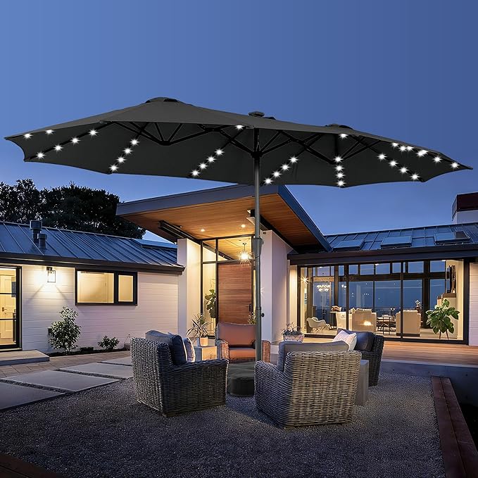 15 ft Patio Umbrella with 48 LED Lights, Large Rectangle Outdoor Solar Umbrella with Matching Base, Strap, Crank, Black
