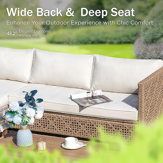 PHI VILLA Outdoor Sectional Couch, Wicker Patio Furniture Set with Cushions and Acacia Wood Coffee Table, L-Shape Small Outdoor Corner Sofa Set for Deck or Porch, 4 Seats, Beige