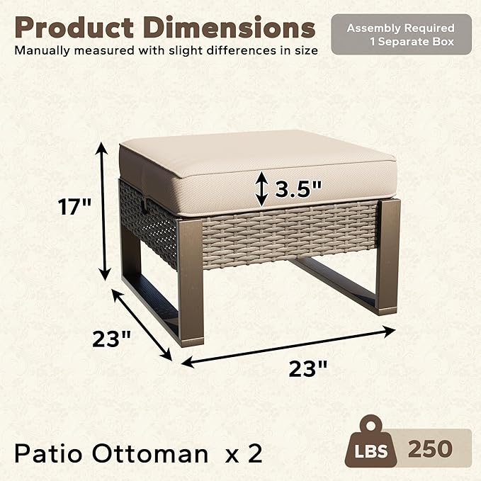 Patio Metal Wicker Ottoman Set of 2, Outdoor PE Rattan Footstools with Removable Cushions & Wood Looking Metal Steel Framed Legs for Garden Backyard Porch Deck, Beige