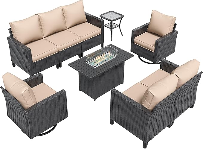 Amopatio Patio Furniture Set, 6-Piece Wicker Outdoor Sectional Sofa with Swivel Rocker Chairs, Rattan Conversation Set with Fire Pit Table and Waterproof Cover for Backyard Black/Khak
