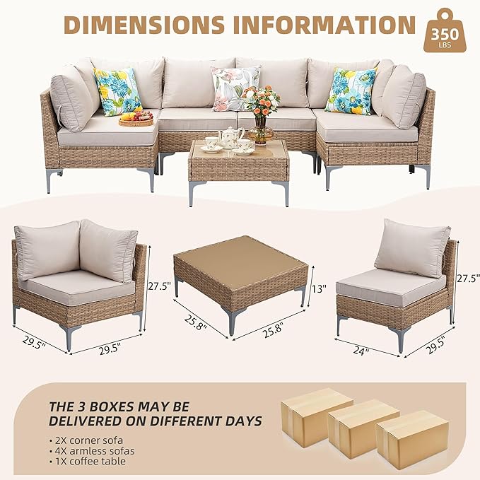 Jing's Villa 7-Piece Outdoor Patio Furniture Set, All-Weather Wicker Sectional Sofa with Coffee Table & Thick Anti-Slip Cushions for Backyard,Lounge,Garden,Deck, Beige