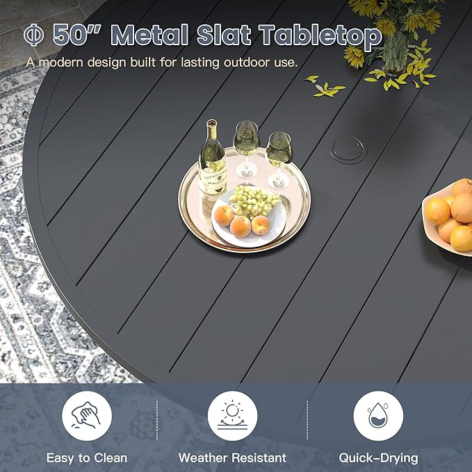 VICLLAX 7 Pieces Patio Outdoor Dining Set, 50" Round Metal Table with Umbrella Hole and 6 Stackable Textilene Chairs for Lawn, Garden, Porch, Black/Grey