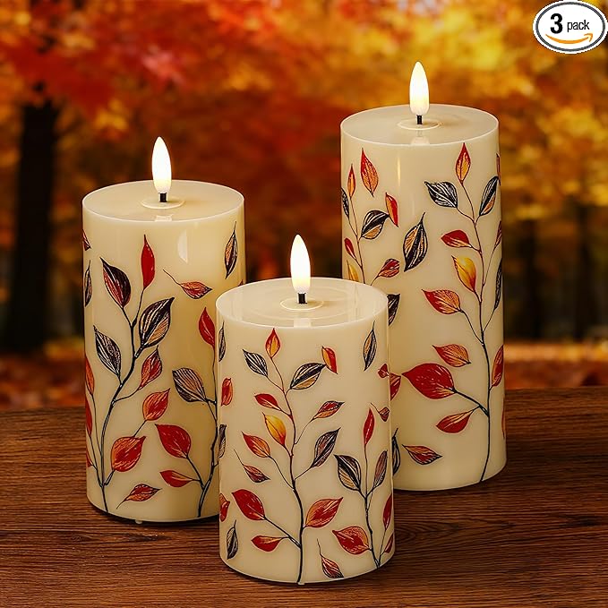 Tuanse 3 Pcs Thanksgiving Fall Flameless Candles Maple Leaf LED Candle Lights Battery Operated Candles Mixed Size Flickering LED Light for Fall Thanksgiving Halloween Harvest(Red Maple Leaf)