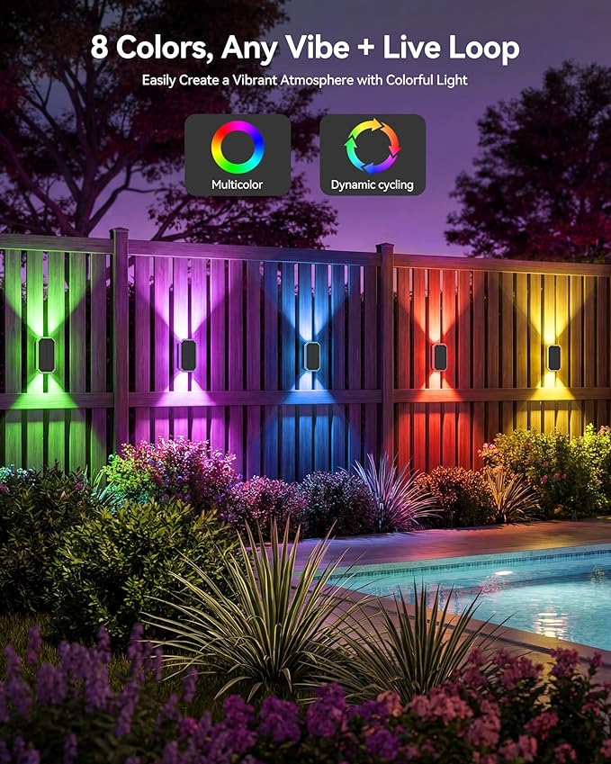 TECKNET Solar Fence Lights Outdoor 6 Pack with Bi-Directional, Uplight & Downlight, Solar Powered Fence Wall Lights Waterproof IP67 8 Colors & RGBW Dynamic Cycling for Outdoor/Patio/Porch/Pool Cage