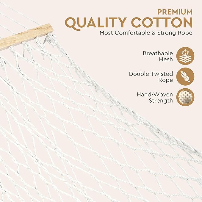 Double Rope Hammock with Hardwood Spreader Bars – Cotton Rope Outdoor Hammock for Patio Backyard Camping Trees – 2 Person Heavy Duty 400 lb Capacity with Carry Bag