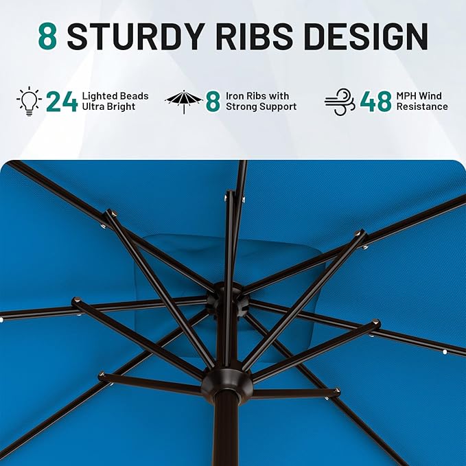 AreShark 8' X 10' Rectangular Patio Umbrella with Solar Lights, Lighted Solar Umbrella with Crank, Outdoor Table Umbrella for Garden, Deck, Backyard, Pool and Beach, Royal Blue