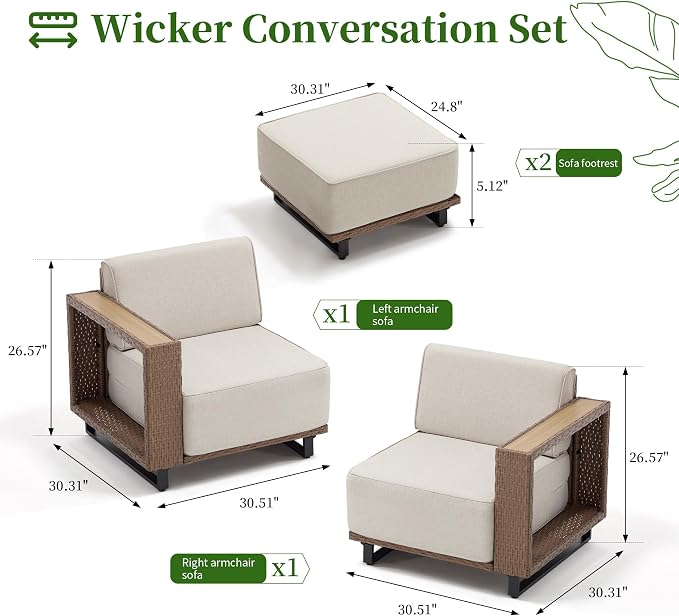 Bonzy Home 3 Piece Patio Furniture Set, Wicker Rattan Loveseat Sofa with 2 Ottoman and Extra-Thick Soft Cushions, Loveseat Couch Outdoor Patio Furniture with for Porch, Balcony