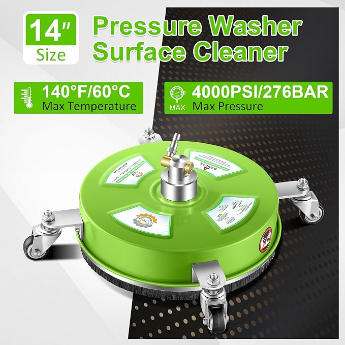 PWACCS 14" Pressure Washer Surface Cleaner, Stainless Steel Surface Cleaner for Power Washer, Pressure Washer Attachment for Cleaning Driveways, Patios, Sidewalks, and Decks, 1/4" Quick Connect