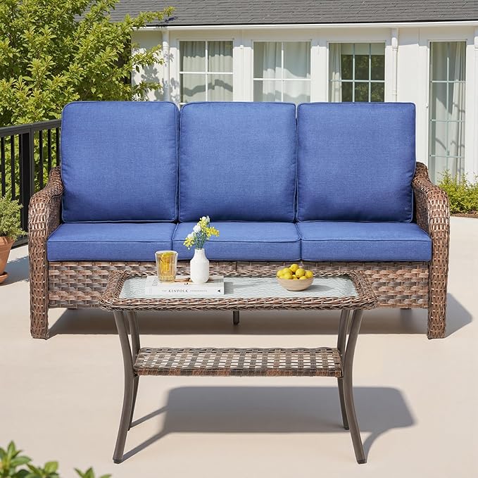 Outdoor Wicker Sofa & Coffee Table Set, 2 PCS Patio Sofa with 4" High-Resilience Cushions, Ergonomic Curved Armrests & 300lb Heavy Duty Frame for Small Spaces, Porch, Balcony, Blue