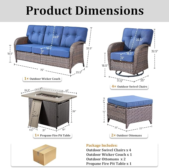 8 Piece Outdoor Patio Furniture Set with Fire Pit Table,Conversation Sectional Wicker Couch with Swivel Chairs,Modern Outside Sofa for Balcony Backyard, Brown/Blue