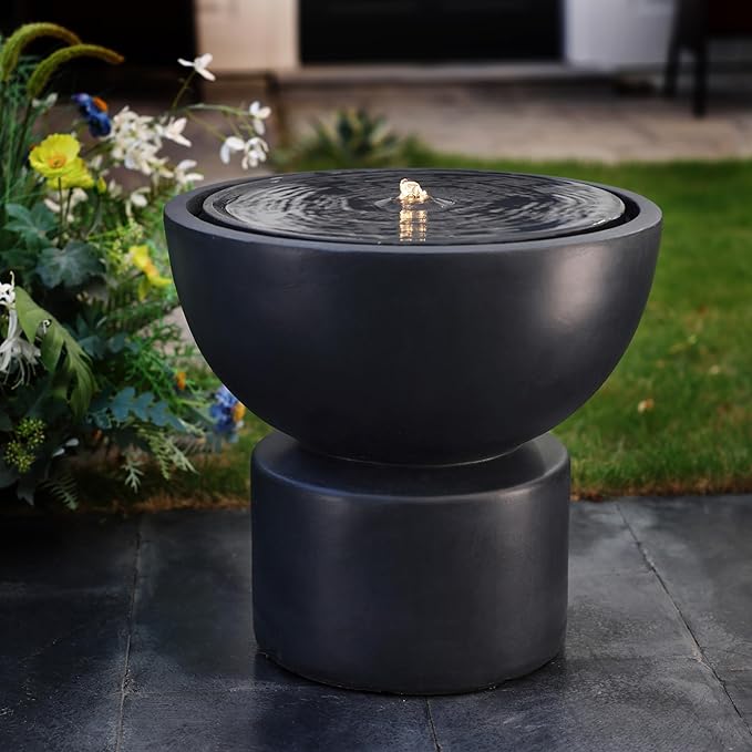 LuxenHome 20 Inch Water Fountain Outdoor, Modern Resin Bubble Water Fountain Indoor with LED Lights, Round Waterfalls Outdoor Freestanding Fountains for Patio, Yard, and Garden Decor, Drak Gray