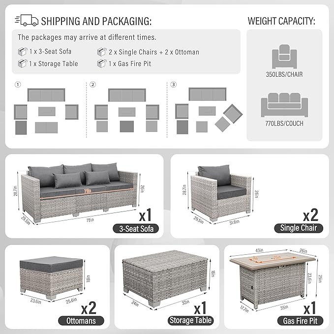 WAROOM Patio Furniture Set 6 Piece PE Rattan Outdoor Conversation Sets Grey Wicker Couch Sectional Sofa with Fire Pit Table and Grey Cushion
