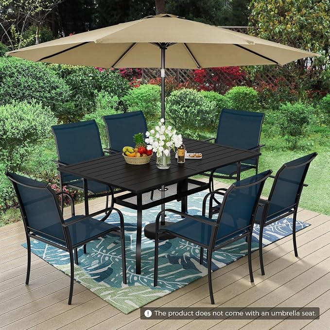 Incbruce 8 Pieces Patio Dining Set with Brown Umbrella, Outdoor Dining Set of 6 Textilene Chairs and Rectangle Table with Umbrella Hole for Backyard, Garden, and Poolside (Blue)