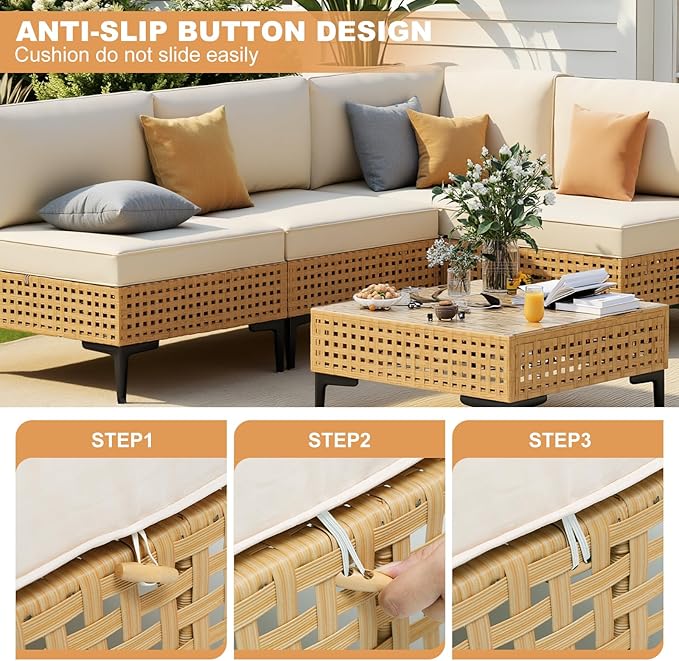 ABCASA Patio Furniture Set, 4-Piece Wicker Outdoor Patio Furniture Sets with Anti-Slip Cushions,Boho Patio Conversation Set Sectional Sofa for Backyard,Porch,Beige