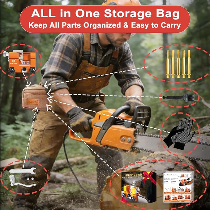 Chainsaw Sharpener Jig with 5 High Hardness Titanium Plated Diamond Bits & Carry Bag, Hand Crank Portable Sharpening Kit Tool Accessories for 4" - 22" Chain Saw Sharpening