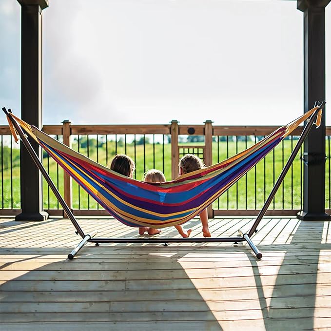 Vivere Double Cotton Hammock with Space Saving Steel Stand, Upgraded Polyester End Strings 450 lb Capacity - Premium Carry Bag Included - (Tropical)