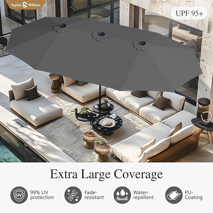 Sophia & William 15 ft Extra Large Patio Umbrella with Base Included, Rectangular Outdoor Umbrella Heavy Duty, Market Umbrella Double-sided Fade Resistant for Pool Garden Backyard, Smoky Gray