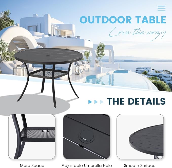 5 Pieces Patio Furniture Dining Set, 4 Textilene Swivel Dining Chairs, 41" Outdoor Round Metal Table with Storage Shelf and 1.57" Umbrella Hole, Outdoor Dining Set for Porch, Lawn, Black/Brown