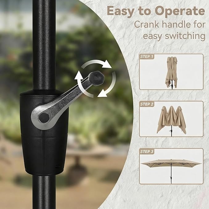 15×15ft Outdoor Patio Umbrella, Double Sided Market Rectangle Umbrella with Crank Handle, Large Sun Shade for Outside Deck, Backyard, Garden