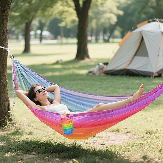 Qilmy Rainbow Camping Hammock Single – 330 lbs Capacity, Lightweight with Tree Straps & Carabiners, Portable for Hiking, Travel, Backpacking