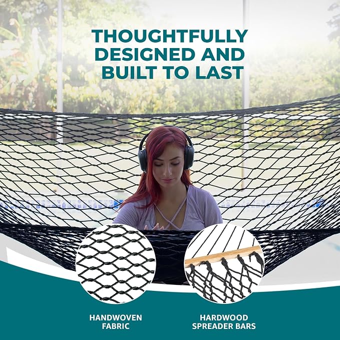 Bliss Hammocks BH-410BK Classic Rope Hammock with Spreader Bar, Black, 80"L x 60"W