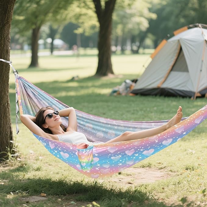Camping Hammock Outdoor Hammocks for Outside Pastel Rainbow Heart Beach Trees Portable Lightweight with Pockets Tree Straps Indoor