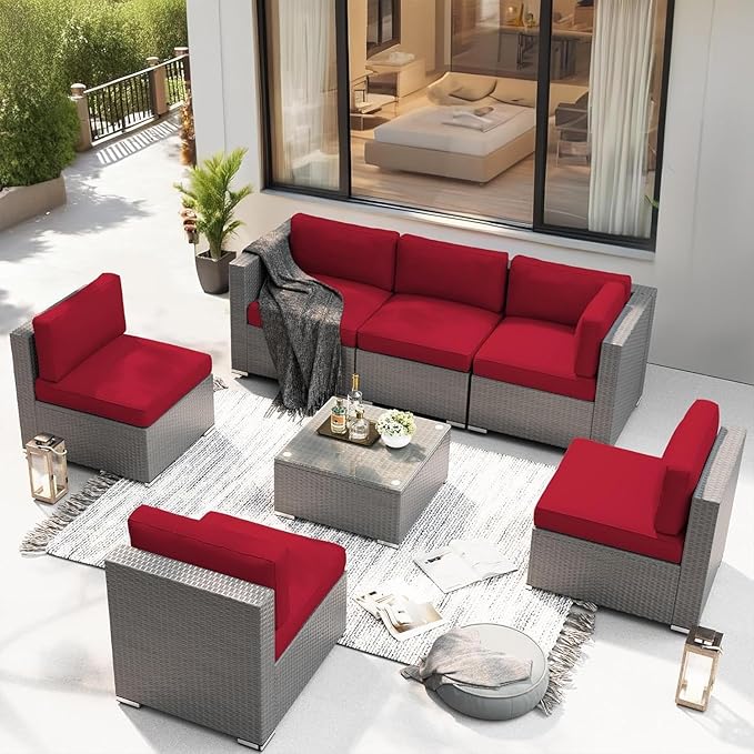 SUNCROWN 7-Piece Patio Furniture Set with Coffee Table and Soft Cushions, Outdoor Sectional Sofa Grey Wicker Conversation Sofa Set, Red