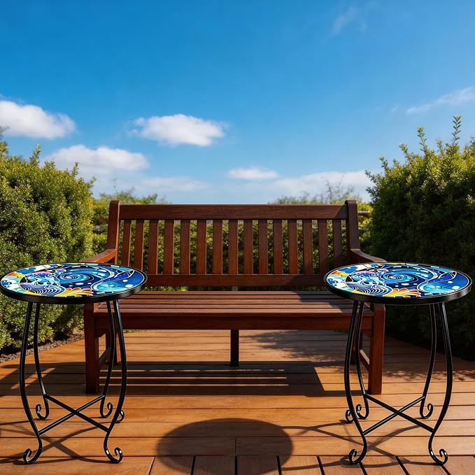 15 Inch Jellyfish Mosaic Side Table (1 PC) - Small Outdoor Round Folding Table with Weather-Resistant Metal Frame, Coastal Accent End Table for Patio, Garden, Balcony, Backyard