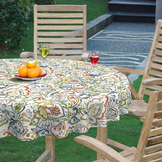 DYTXIII Outdoor Round Tablecloth with Umbrella Hole 60 Inch, Water Repellent & Fade Resistant Table Cover, All Weather Outdoor Tablecloth for Garden & Party Table, Paisley Botanical