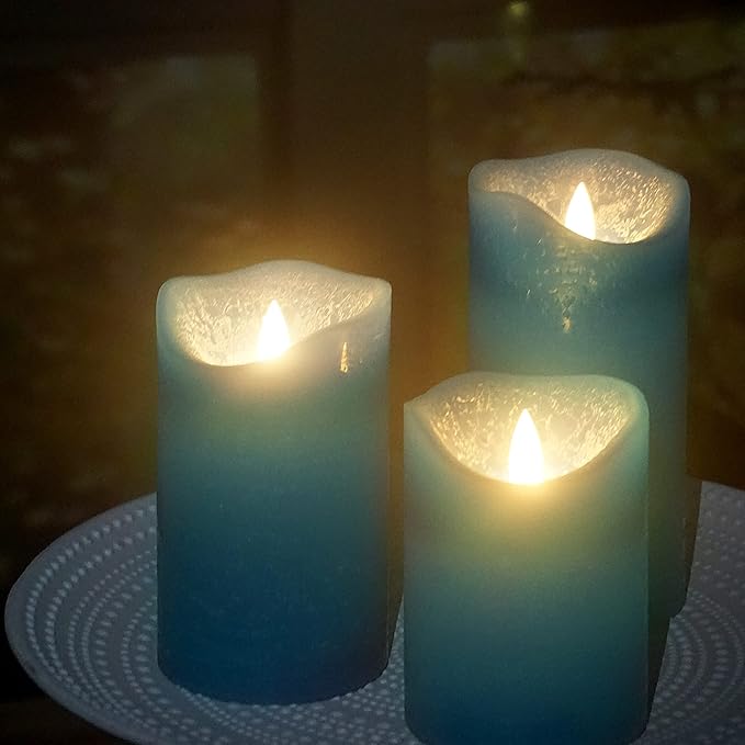 CANDLE CHOICE Real Wax Battery Operated Flameless Candles with Remote Automatic Daily Cycle Timer Realistic Flickering Electric LED Pillars Wedding Party Holiday Decorations 3 Pack Rustic Texture Teal