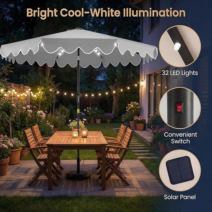 Happygrill 9FT Solar Patio Umbrella, Outdoor Market Table Umbrella with 32 LED Lights, Weighed Base, 2 Sandbags, Tilt & Crank, 8 Ribs, Fabric Canopy Sunshade, Vented Top for Garden Deck Pool Backyard (Gray)