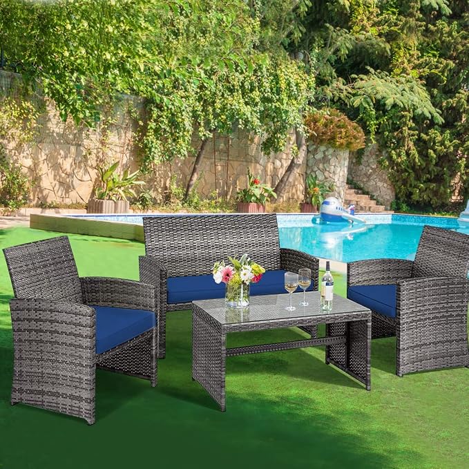 Outdoor Conversation Set, 4 Pieces Wicker Patio Furniture Set with Ergonomic Curved Design, Patio Chair Set with Water-resistant Cushion & Tempered Glass Table for Balcony,Porch(Navy Blue)