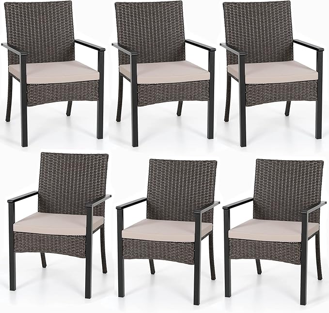 PHI VILLA Wicker Patio Dining Chairs Set of 6 with Removable Cushions | 6 Rattan dining chairs with thick removable seat cushions. Sturdy steel frame, easy assembly.